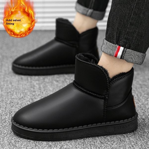 Leather high top sleeve sports cotton with winter velvet black snow boots for men&#039;s casual thick warm bread shoes