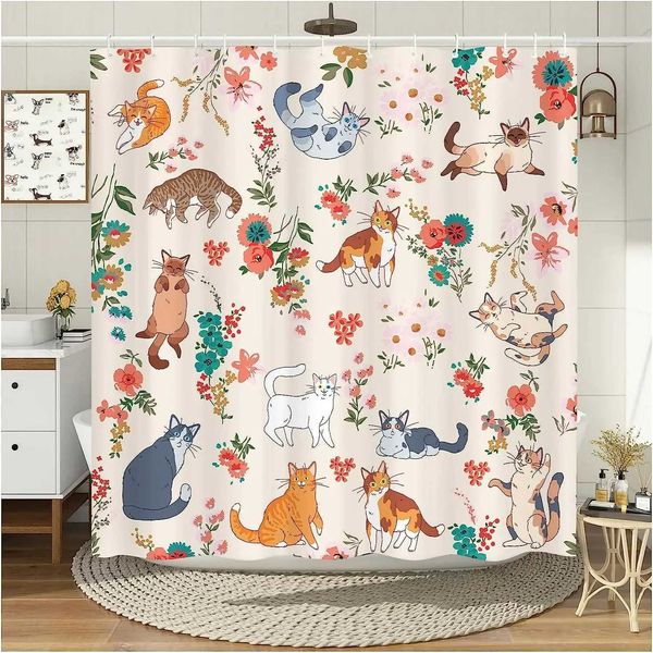 Funny Cats Shower Curtains Cute Animal Floral Bath Curtain Modern Waterproof Polyester Cloth Home Bathroom Decoration With Hooks Y240815