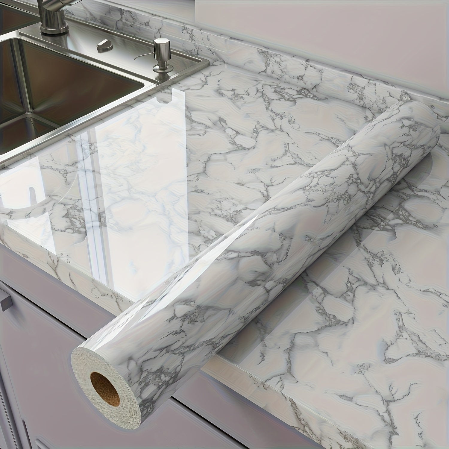 TEMU 1 Roll Of Marble Patterned Waterproof Wall Sticker - Heat-resistant And Oil Resistant Self-adhesive Removable Pet Film, With A Glossy And Glossy