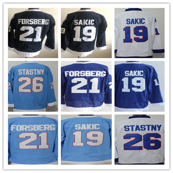 Men Throwback Hockey Jerseys 19 Joe Sakic 21 Peter Forsberg 13 Mats Sundin 26 Peter Stastny 10 Guy Lafleur Light Blue White Black Stitched Uniforms