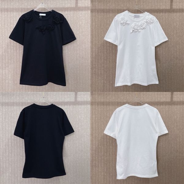 Women Solid Color Short Sleeve Fashion Flowers Decorate T Shirts Casual Loose Shirt Women Knits Tee Summer Tanks Tees Sweatshirts