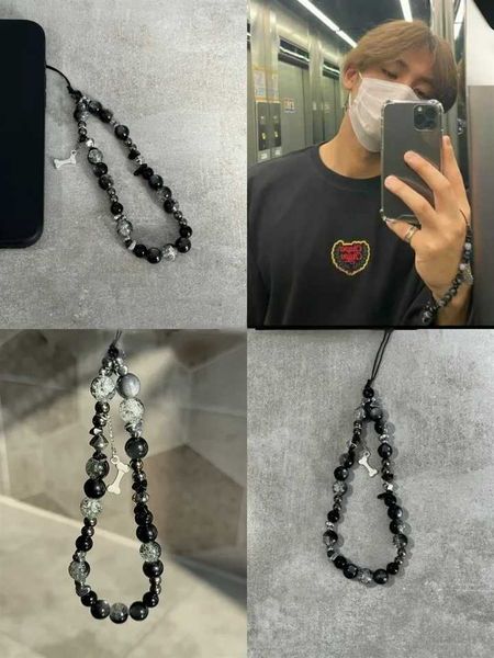 Cell Phone Straps Charms Y2K Black Bone Pendant Beaded Phone Charm Strap For iPhone Samsung Accessrioes Chain Lanyard Woman Jewelry Hanging