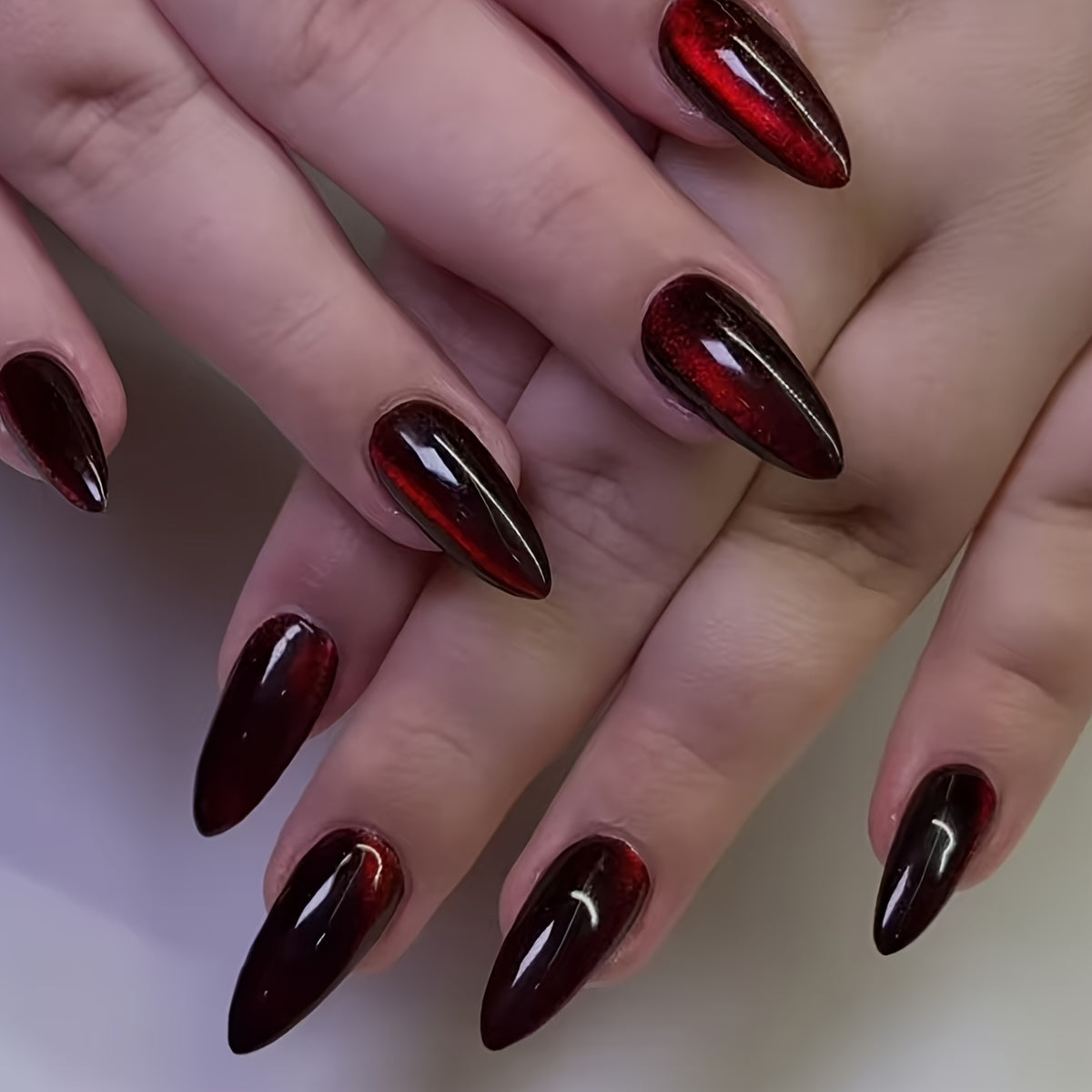 TEMU Cat Eye Press-on Nails - 24pcs Set, Medium Almond Shape, Glossy Finish,