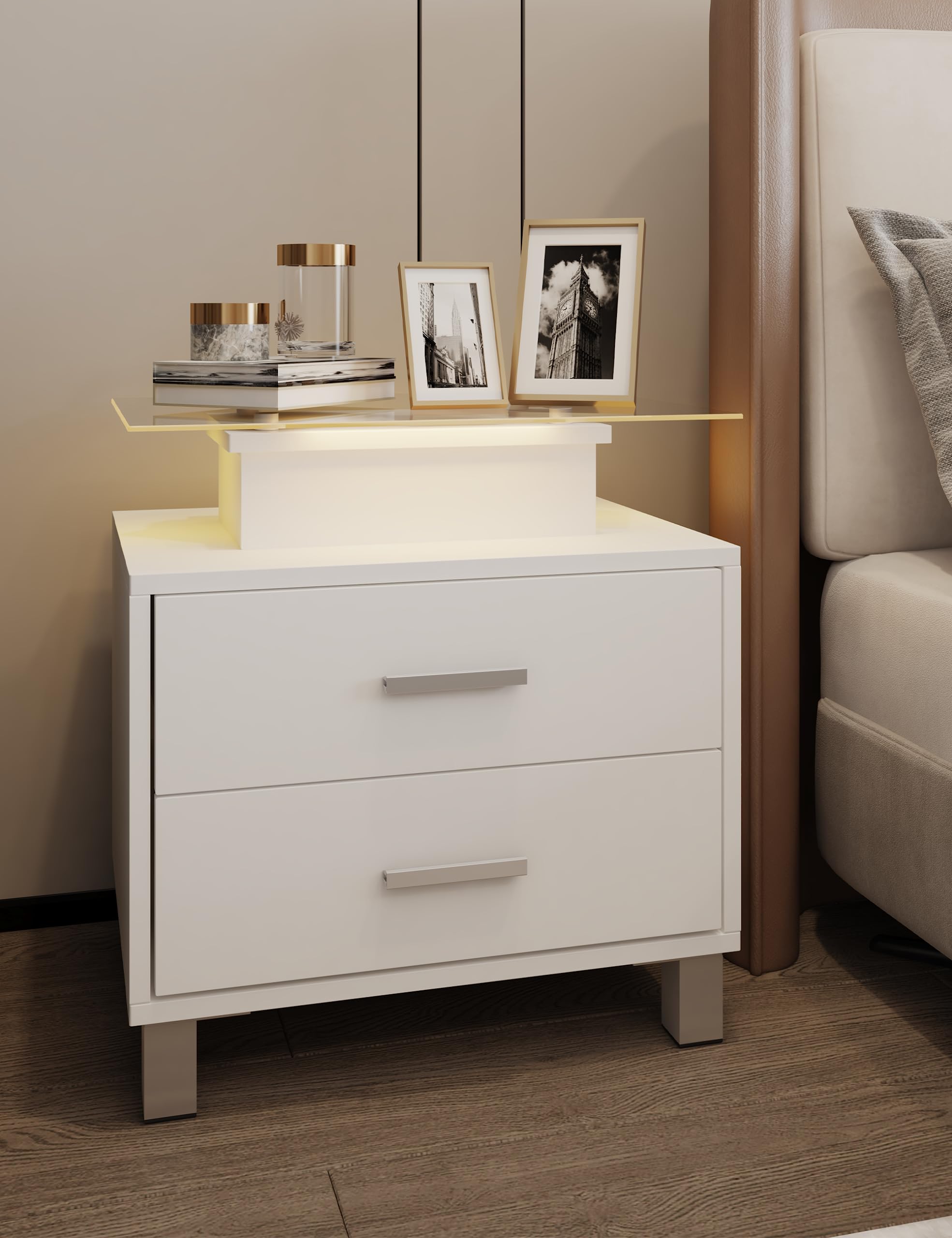 Garvee Modern Nightstand with Charging Station, LED Lights, Glass Desktop, and 2 Drawers - Stylish Bedside Table and End Side Table for Bedroom ，White