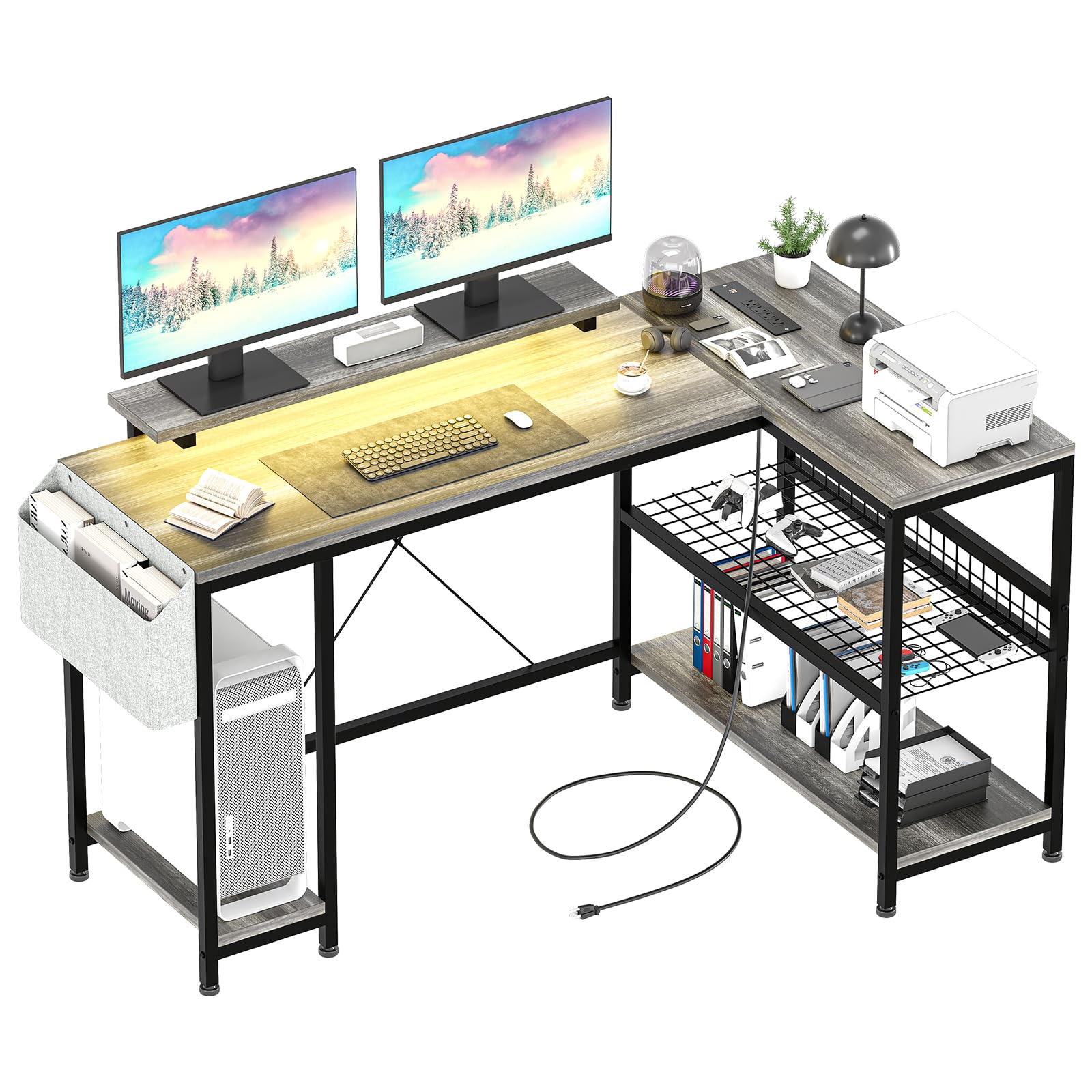 Garvee L Shaped Computer Desk with RGB LED, Power Outlets, Reversible Design, Storage Shelves, Monitor Stand, Oak