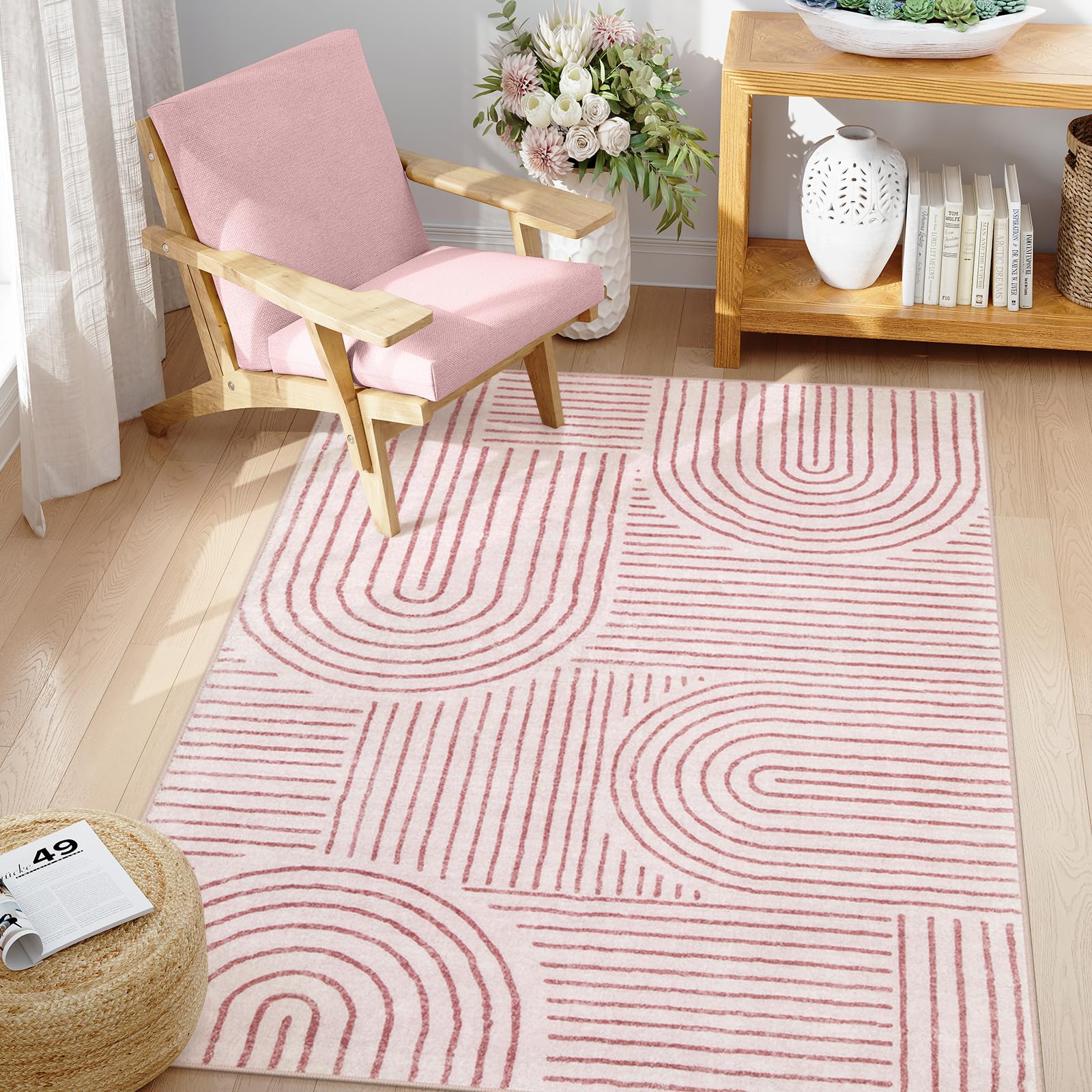 Lahome Abstract Washable Rugs, 4x6 Pink Rug for Bedroom Nursery Soft Non Slip Modern Living Room Rug, Ultra-Thin Non-Shedding Throw Carpet for Entrywa