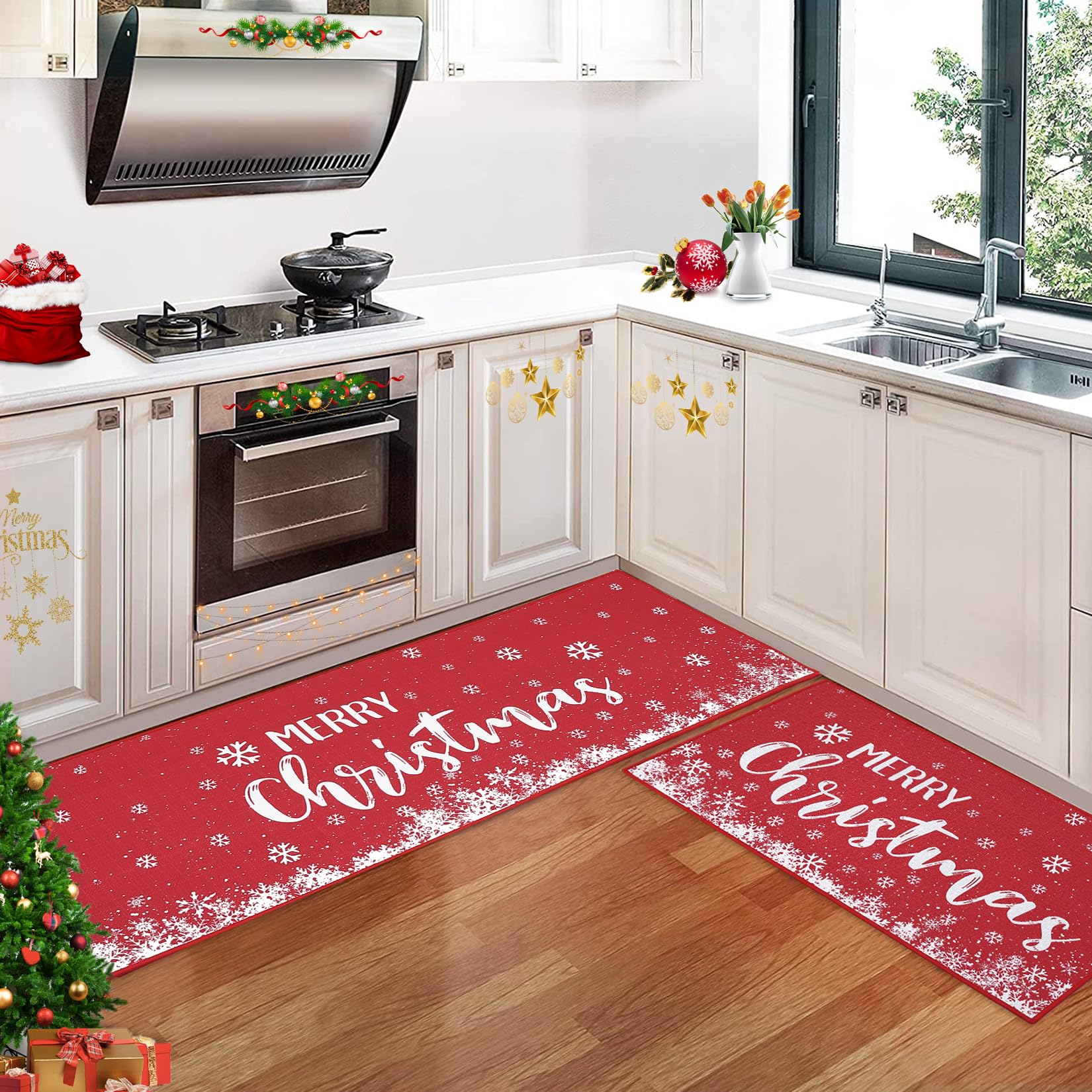 Garvee Christmas Kitchen Rug Sets Holiday Merry Christmas and Snowflake Kitchen Mat 2 Pieces Non-Slip Doormat Area Runner Rug Set Floor Mat for Home D