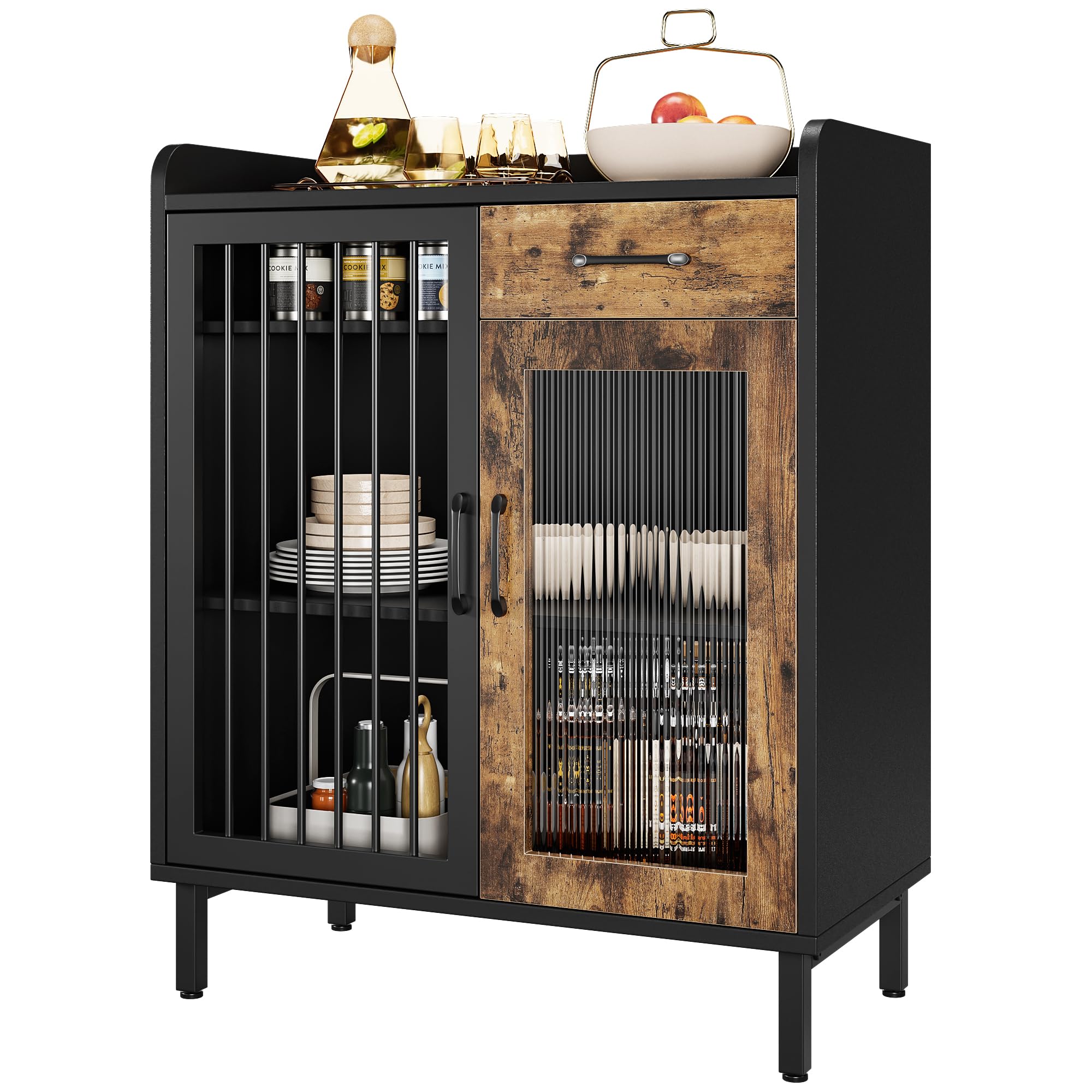 Garvee Modern Buffet Sideboard, Kitchen Storage Cabinet with Shelves and Glass Doors, Metal Buffet Cabinet with Drawers, Coffee Bar, Floor Cabinet Cup