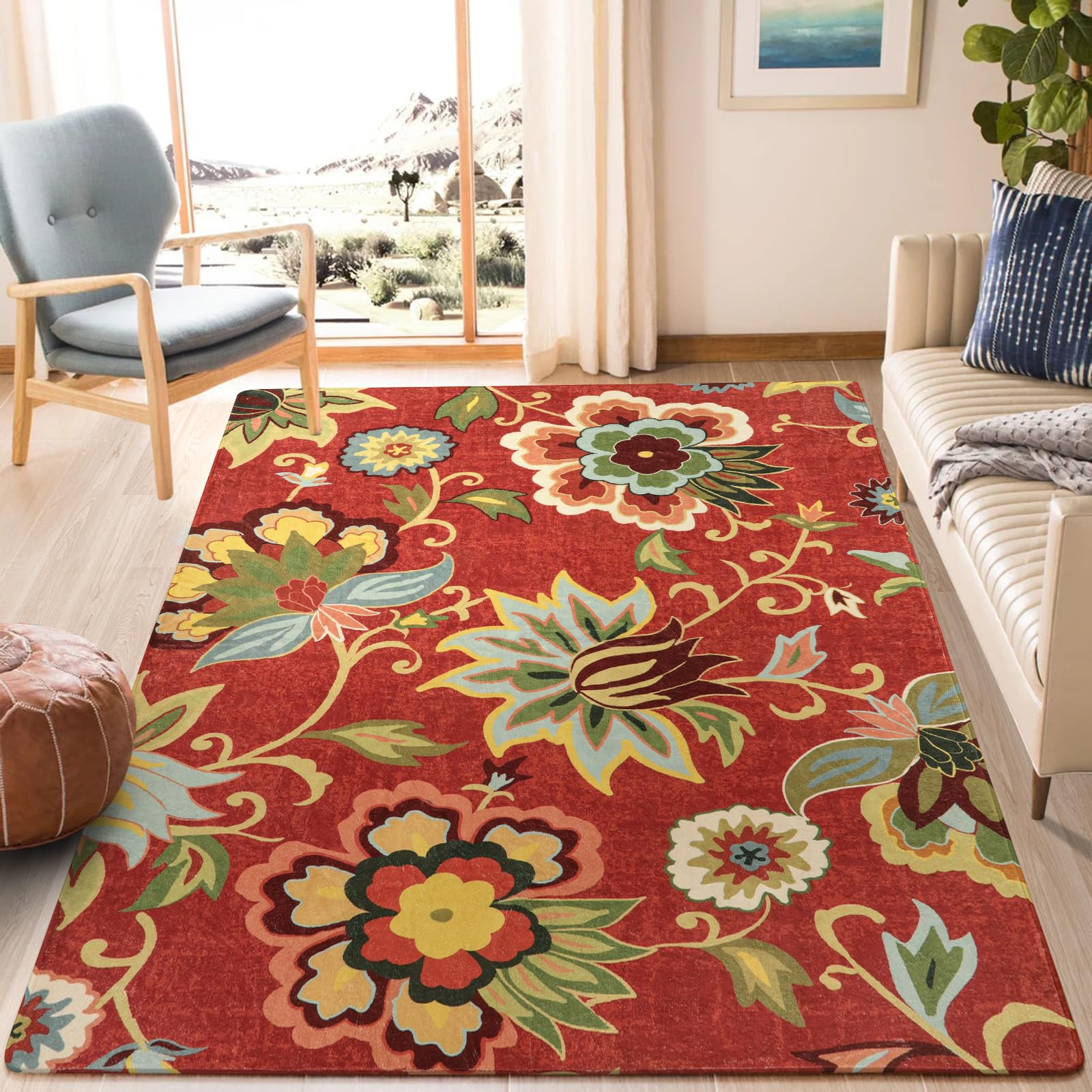 Lahome Floral Washable Rugs 5x7, Carpets for Living Room Non-Slip Lightweight, Soft Bedroom Throw Paisley Print Low-Pile Large Christmas Area Rug for