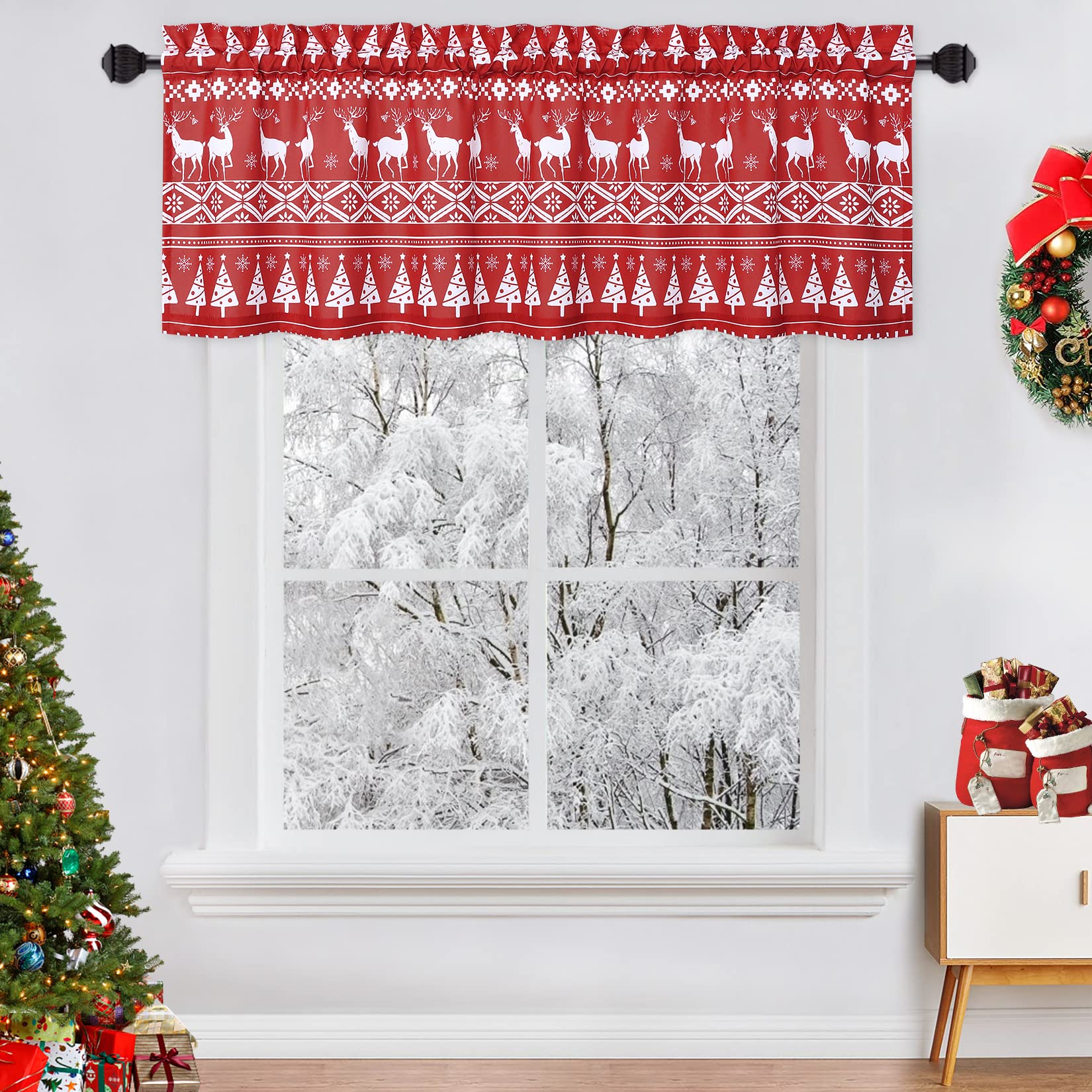 Garvee Window Valance Curtains for Kitchen, Christmas Decoration Cafe Curtains Boho Style Christmas Tree and Deer Pattern Bathroom Window Curtains, 52