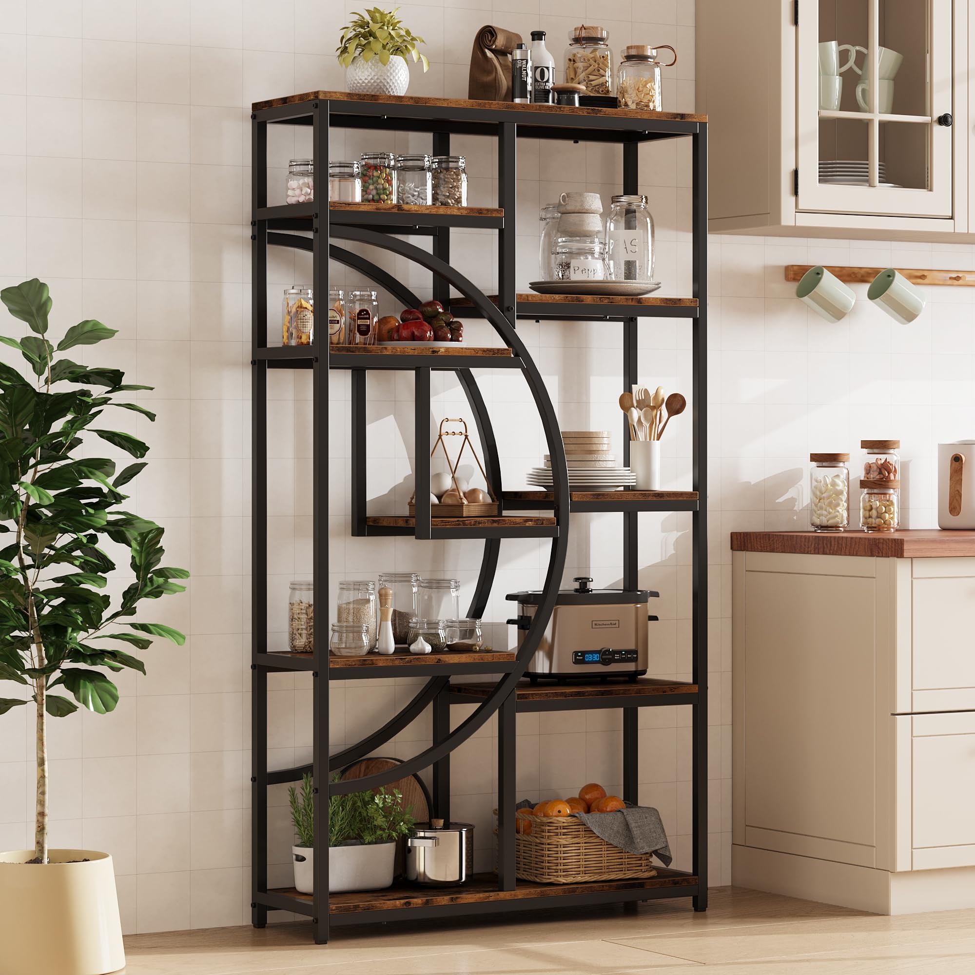 Garvee Industrial Bookshelf, Wood Open Shelf, 9 Tiers, Tall Storage Rack, Metal Frame, Plant Stand, Multifunctional, Retro Brown, Study, Office, Livin