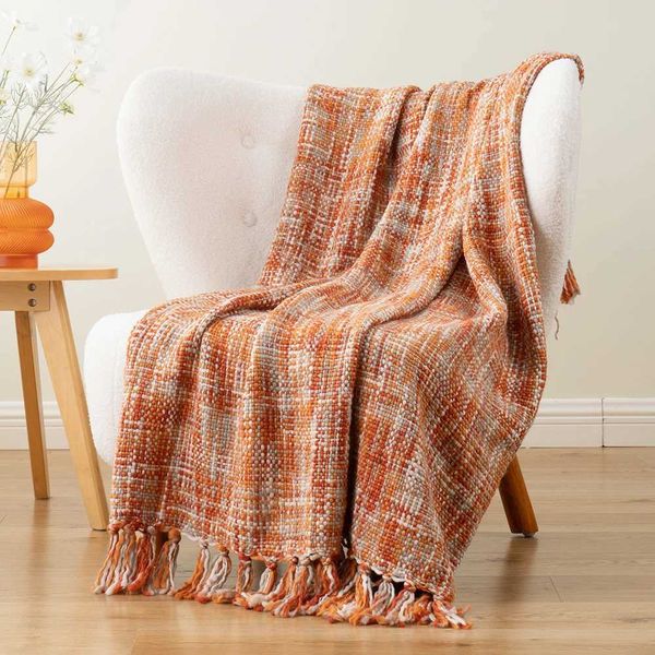 Battilo Orange Kint Throw blanket with tassels autumn multicolored Bohemian throw used for bed decoration sofa blanketX240911