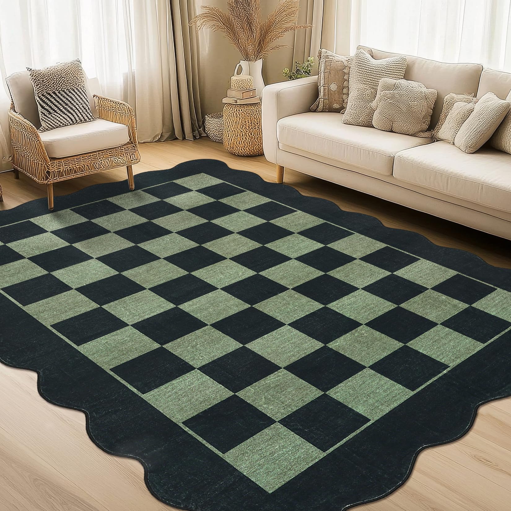 Garvee 5x7 Rugs for Bedroom Washable Modern Scalloped Area Rug Stain Resistant Carpet Non-Slip Backing Black and Green