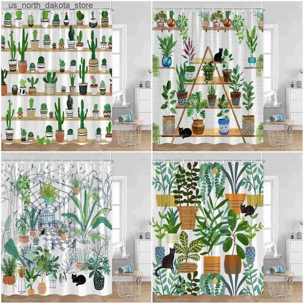 Shower Curtains Green Potted Plant Shower Curtains Cartoon Cat Hanging Tropical Leaf Decoration Bathroom Polyester Fabric Bathroom Curtains