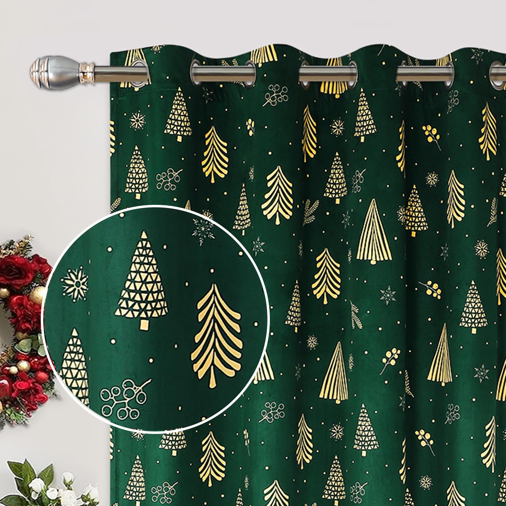 Garvee Christmas Curtains for Living Room 2 Panels, Velvet Long Curtains 95 Inch, Floral Holiday Decoration Curtain, Thermal Insulated Room Darkening 