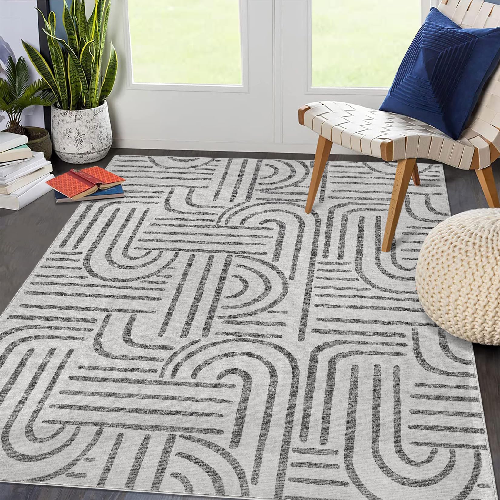 Garvee Washable 5x7 Area Rugs Soft Rainbow Non Slip Abstract Low Pile Stain Resistant Carpet for Living Room Bedroom Dining Room Grey