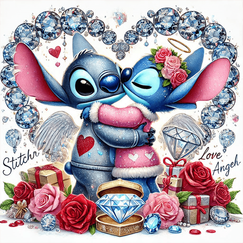 TEMU Stitch & Love 5d Diy Small Round Diamond Painting Kit, Cartoon Dog, Heart, Valentine's Day Embroidery Mosaic Art, Canvas Wall Decor, Creative