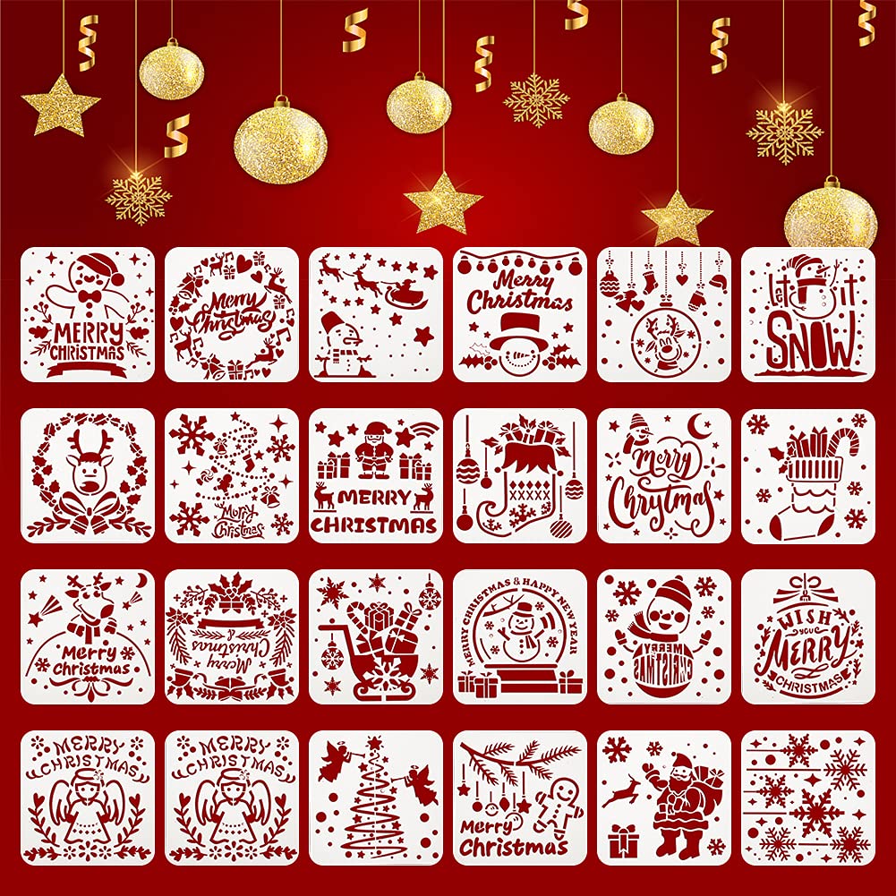Garvee Christmas Painting Stencils, 24 PCS Journal Stencil Plastic Stencils，Children Stencil Drawing Set for DIY Card, Window, Wood, Cookie and Paper,