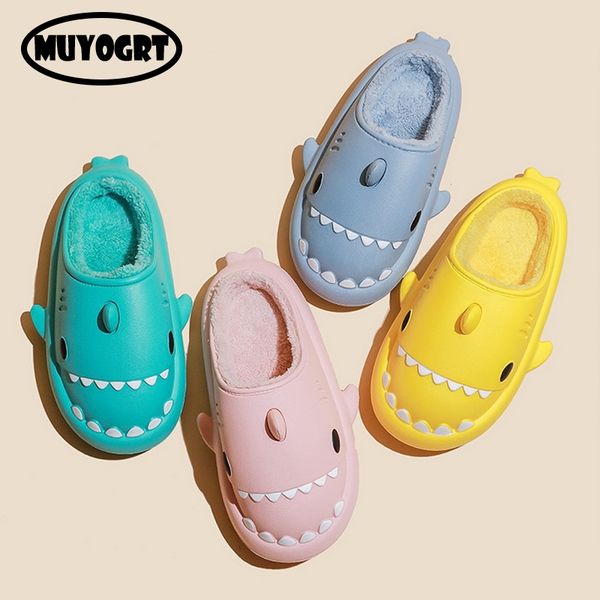 Cartoon Cute Shark Cotton Slippers Adults Kids Warm Winter Shoes Parents Children Waterproof Indoor Outdoor Plush Soft Slides f2b6