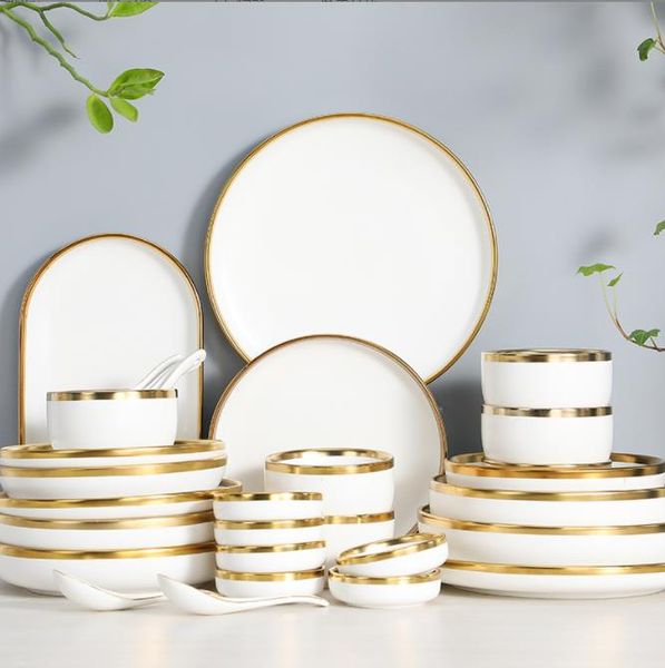 Dishes Plates Luxurious 2024 White Porcelain Plates Dinnerware Set - Gold Edging Salad Soup Bowls H250110
