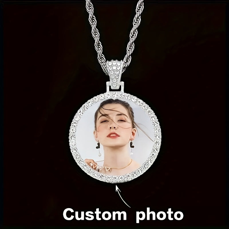 TEMU Photo Pendant Necklace, Stylish Silvery Alloy With Cubic Synthetic Zirconia, Personalized Hip-hop Chain Beads, Unique Gift For Men And Women