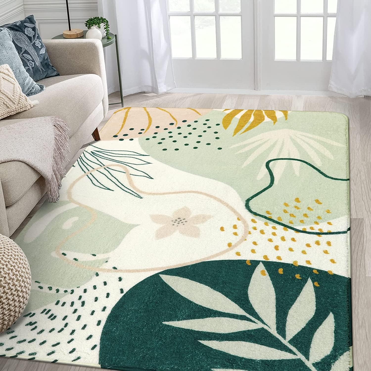 Lahome Green Machine Washable Living Room Rugs - 4x6 Area for Bedroom Throw Non-Slip Lightweight Dining Rug, Boho Botanical Print Soft Indoor Carpet O