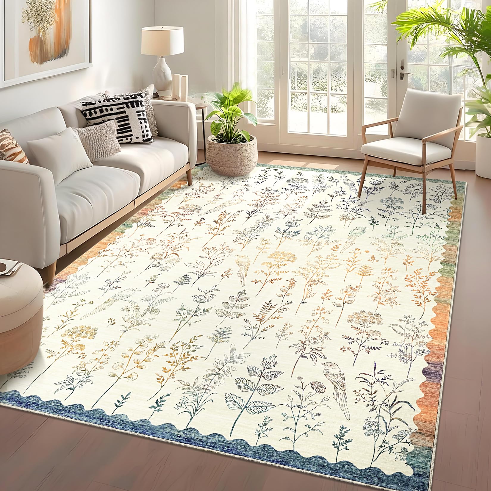 Garvee Washable Area Rug 9x12 Large Low Pile Floral Living Room Rug Colorful Stain Resistant Ultra Soft Non Slip Carpet for Nursery Kids Room