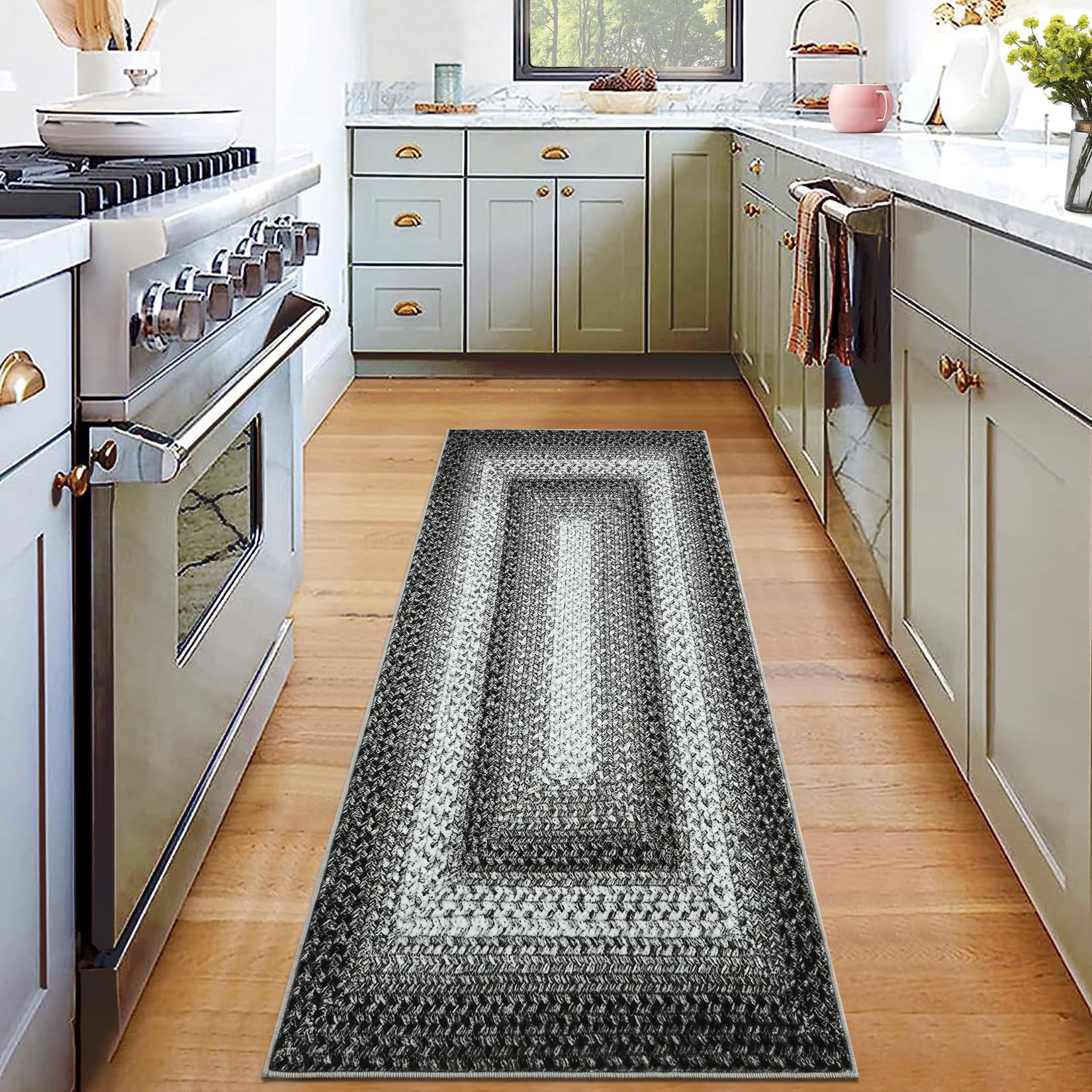 Garvee Bordered Grey 2x6 Runner Rugs, Washable Rug Area Rug Modern Hallway Floor Mat Boho Rug Retro Distressed Carpet Grey BordeGrey Country Accent Ru