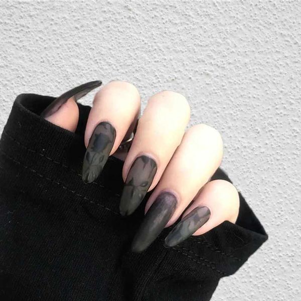 24pcs Black Color Sweet Cool Press on Nails Elegant Glitter Fake Gemstone False Nails Short Round Head Detachable False NailXJ241025