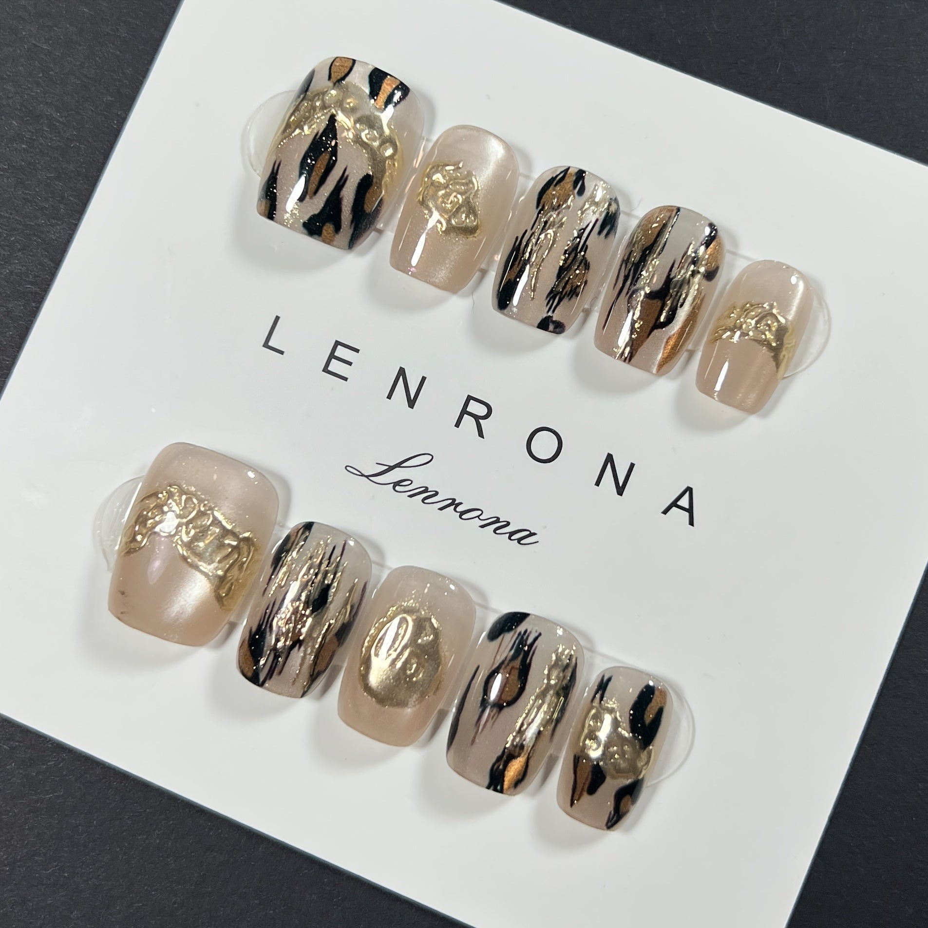 TEMU Handmade 3d Leopard Print & Cat Eye Press On Nails - Short Square Glossy False Nails With Golden Accent Tips, Detachable Nail Stickers For, Easy