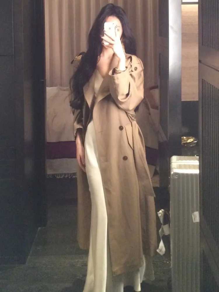 Korea Style Turn-Down Collar Long Trench With Belt Women Solid Fashion Single Breasted Slim Coat Female Elegant Clothes AutumnX240921