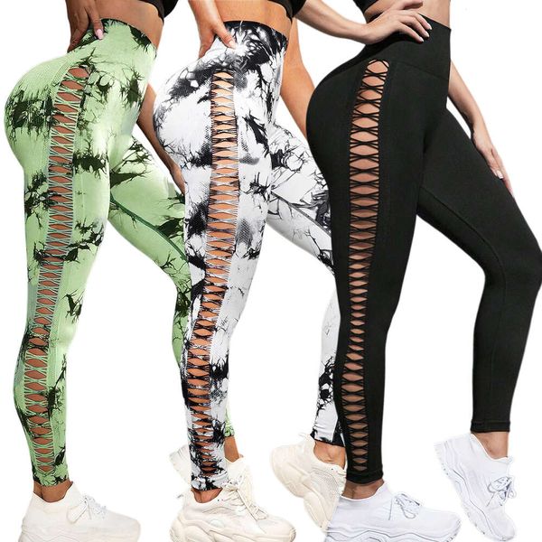 Cycg Gym Sport Leggings Cut-out side yoga Tie dye High waisted slim Fiess pants with no awkward es