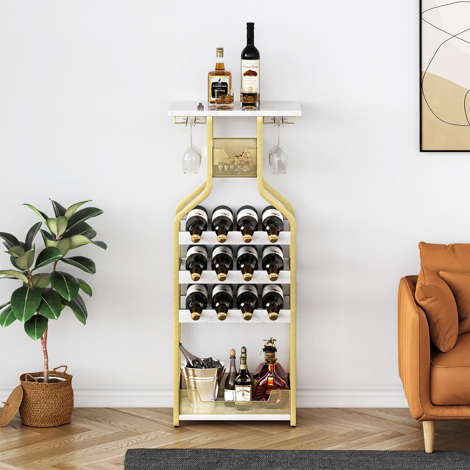 Garvee Metal Wine Rack Wine Bottle Holders Stands Freestanding Floor, Wine Storage Organizer Display Rack Table Wine Glass Rack for Bar Kitchen Dining
