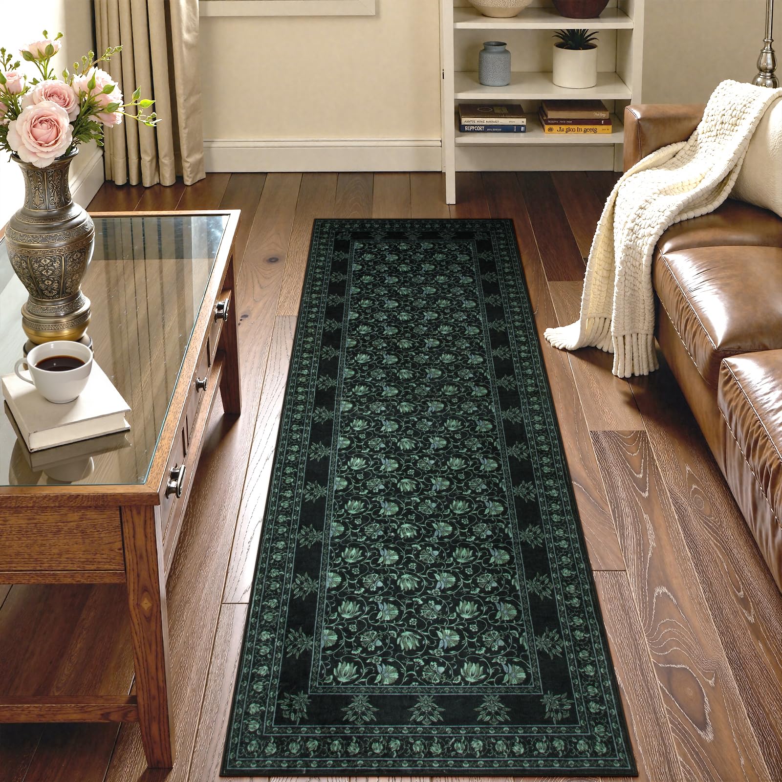 Lahome Black Kitchen Runner 2.5x8, Machine Washable Runners for Hallways, Vintage Floral Carpet Runners for Bedroom Laundry Room High Traffic (2'6"x8'