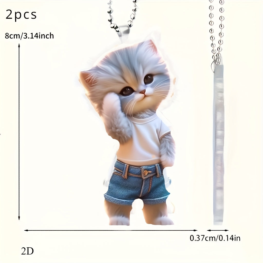 TEMU 2d Flat, 2pcs 2d Flat New Acrylic Cute Denim Cat Pendant, Car Interior Decoration, Acrylic , Car Decoration, Car Keychain Accessories, Christmas