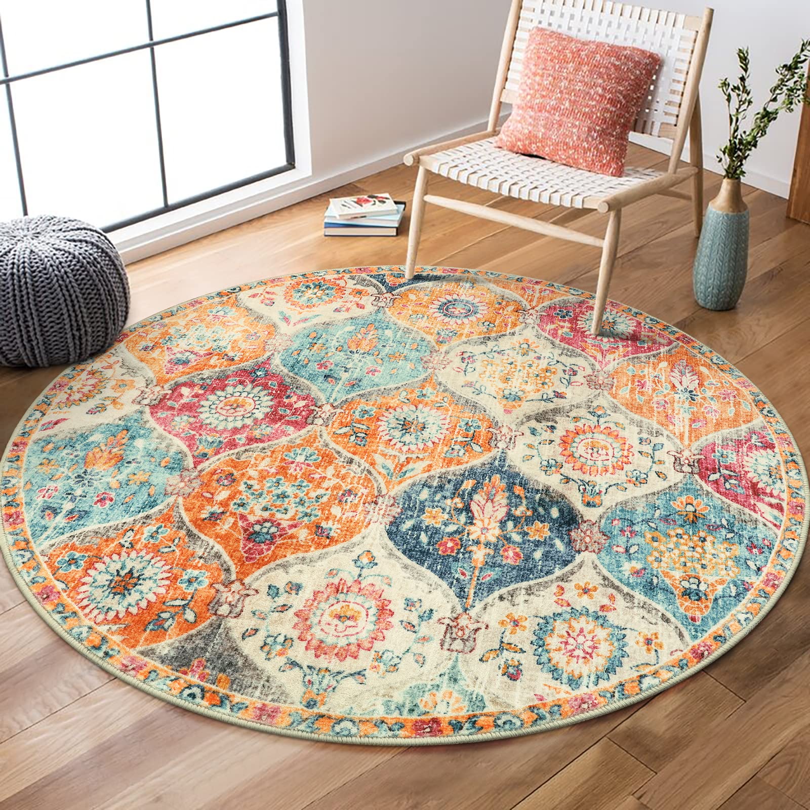 Lahome Moroccan Trellis Round Area Rugs, Washable Small Round Rug 3ft Non-Slip, Soft Vintage Ultra-Thin Circle Carpet for Bedroom Entryway Kitchen Lau
