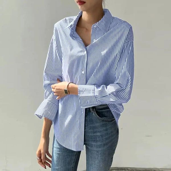 Women Spring Summer Blouses Shirts Lady Fashion Casual Long Sleeve Turndown Blue Stripes Blusas Tops 241028