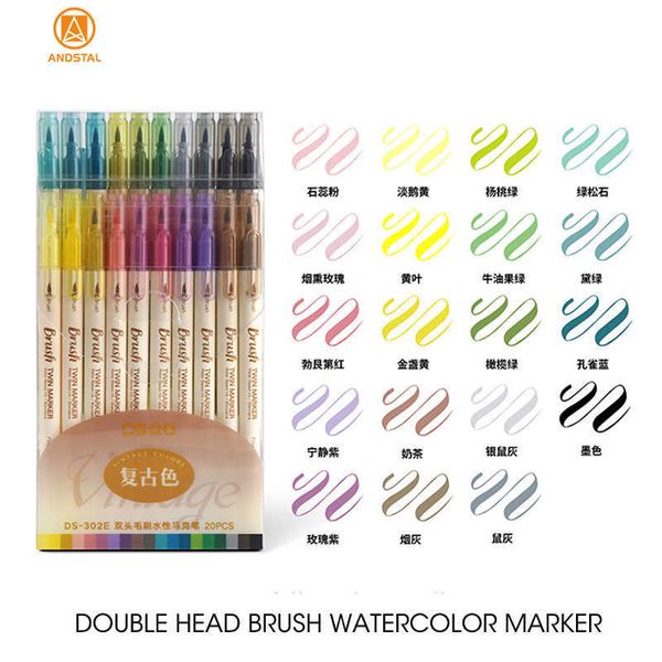 Pens Andstal 20pcs-Set Retro Watercolor Brush Marker Double-Head Water Color Highlighters Drawing Set For Kids Painting Art Supplies P230427