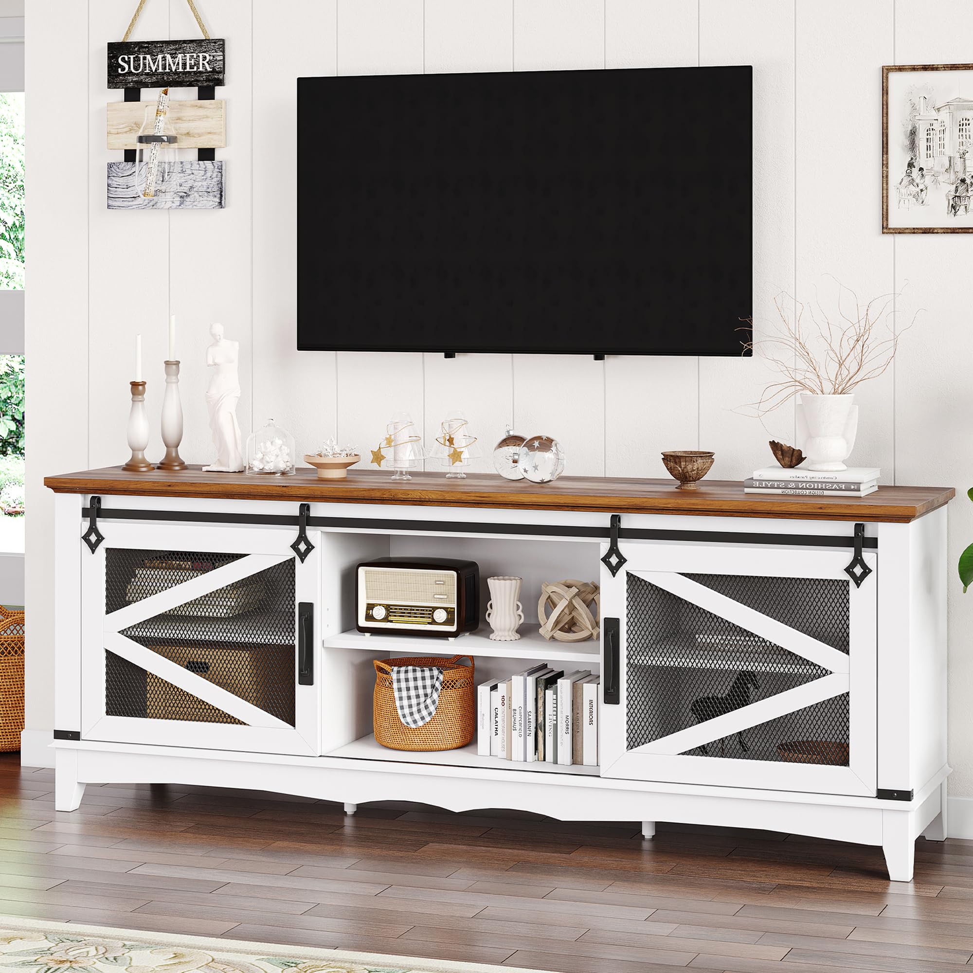 Garvee Farmhouse TV Stand 75 Inch Entertainment Center White TV Console Modern Media Furniture Wood TV Console Cabinet with Sliding Barn Door and Adju