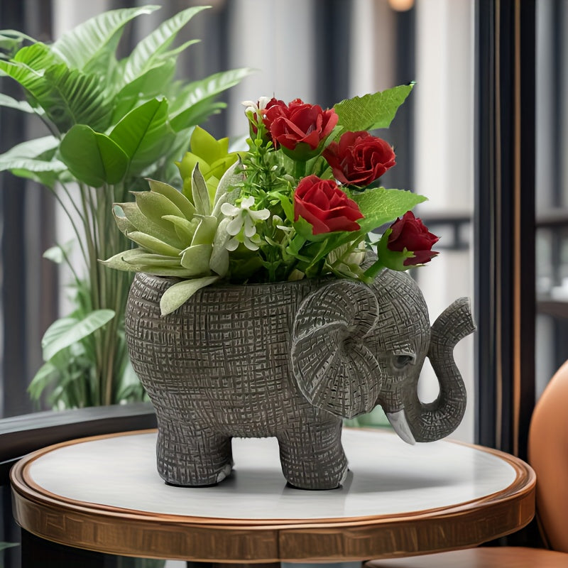 TEMU 1pc Handmade Abstract Elephant Resin Planter - Indoor-outdoor Decorative Garden & Home Decor, Durable Weather-resistant Artistic Elephant-shaped