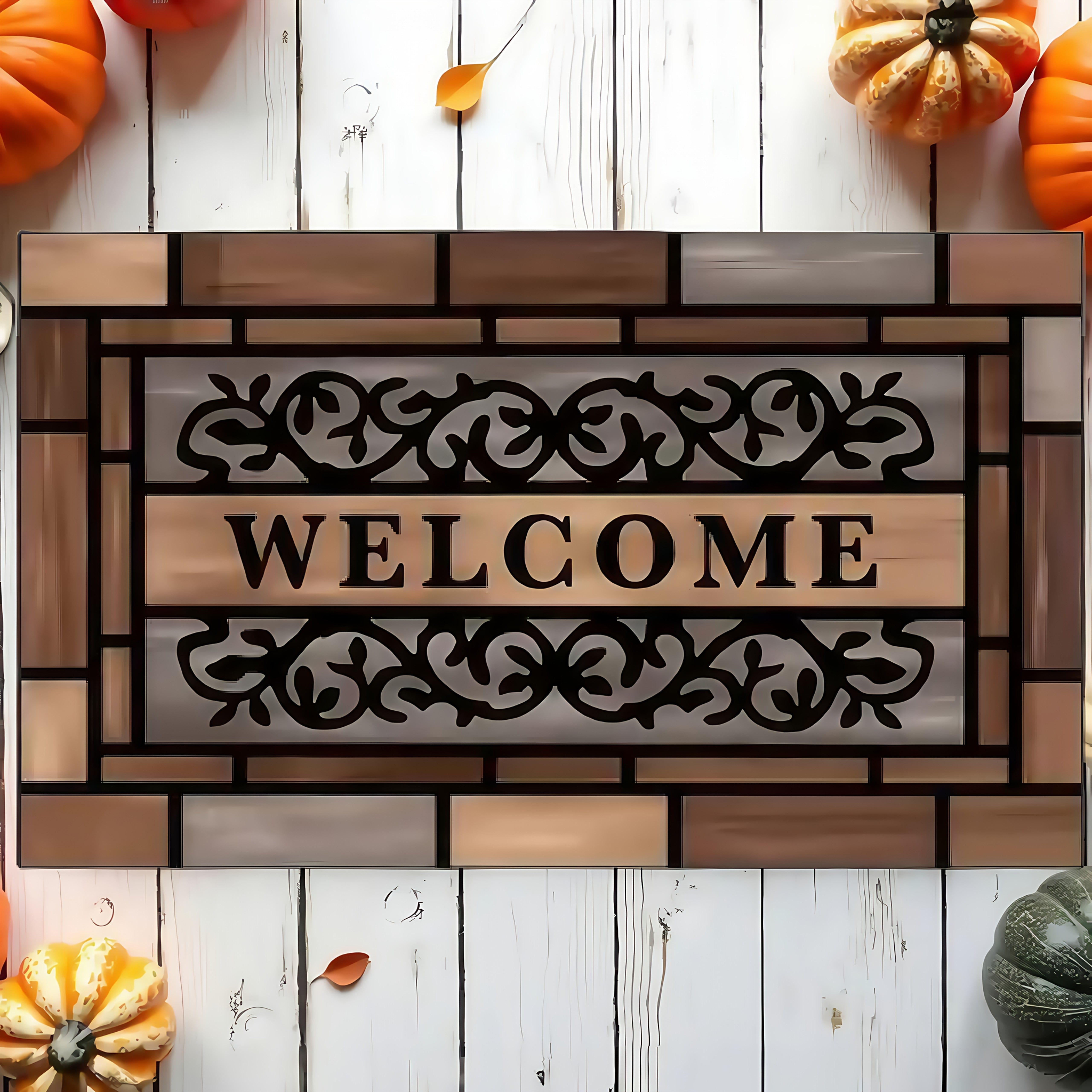 TEMU 1pc Elegant Wood Grain Welcome Doormat - Durable Anti-slip Pvc Backing, Brown & Beige Striped Pattern With Ornate Welcome Lettering,