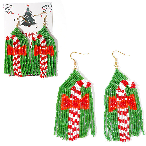 Boucles d'oreilles pendantes en perles de verre et pampilles en canne rouge