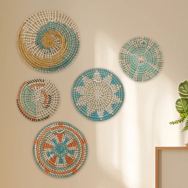 57Pcs Hanging Woven Wall Basket Set Handcrafted Brass Baskets Decorative Plates Decor Background 250120