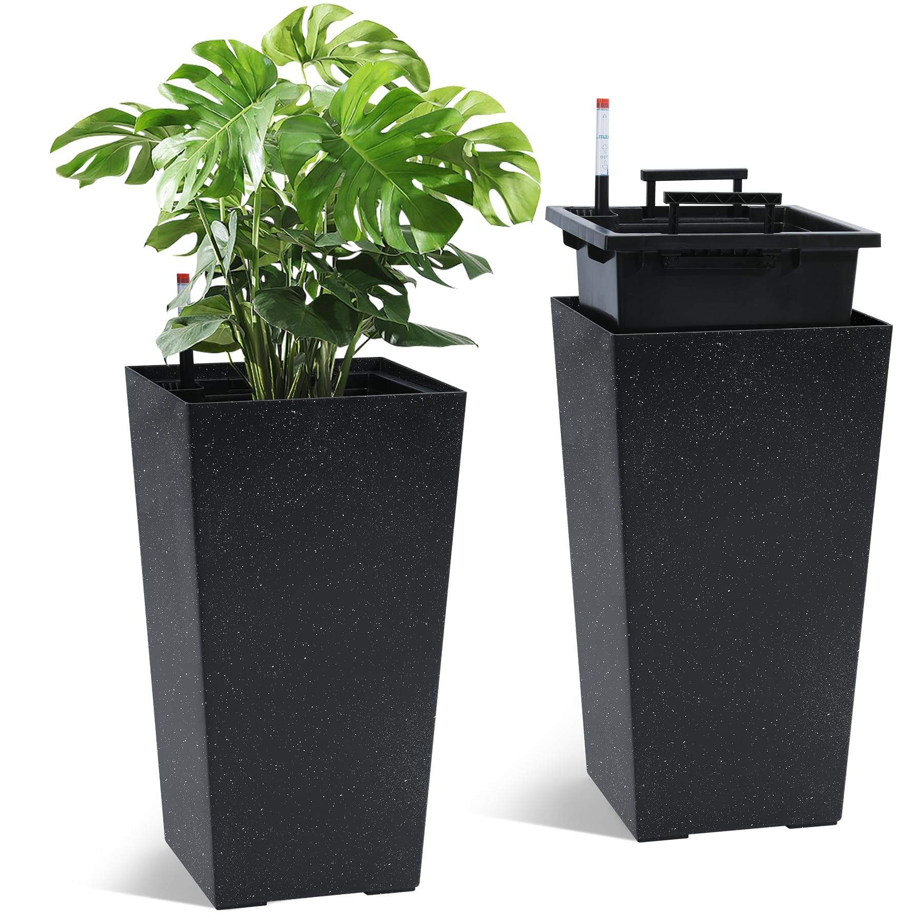 Garvee 21.6" Tall Rectangular Planters Set of 2 Large Modern Plant Pots with Drainage Holes＆Water Level Monitor＆Wheels Outdoor and Indoor for Patio, P