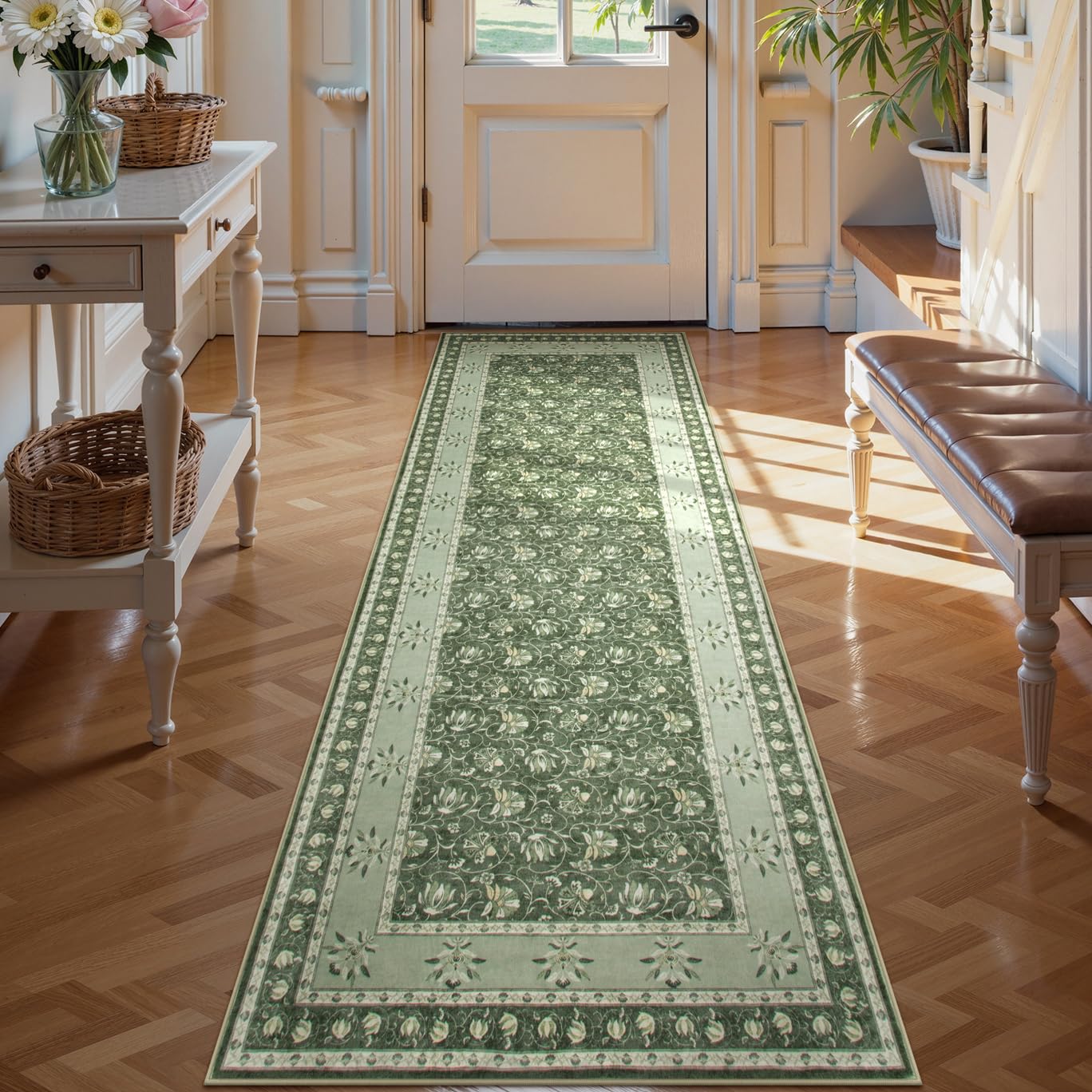 Lahome Green Kitchen Runner Rug, Low Plie Soft 2.5x8 Rug Runners for Hallways Non Slip, Vintage Floral Washable Runners for Bedroom Laundry Room (2'6"