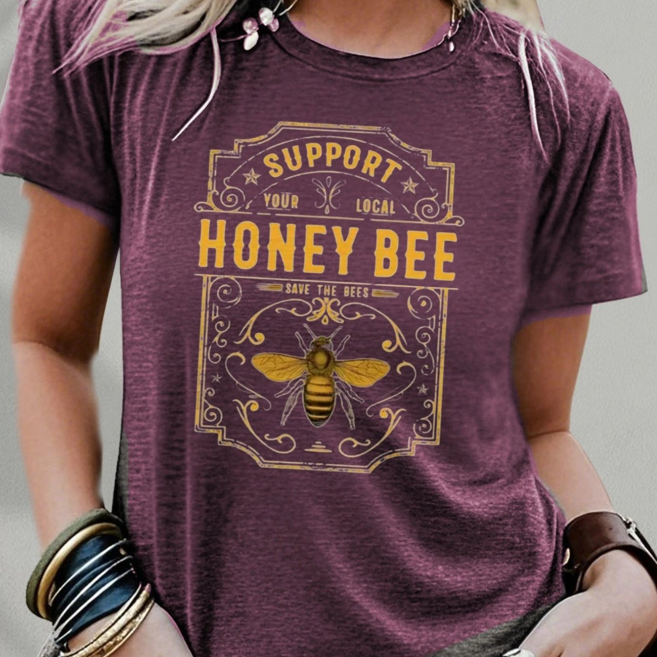 TEMU Women's Casual Short Sleeve T-shirt - "support Your Bee" Design, Comfortable & Breathable, , Spring-summer Collection, | Cartoon Bee Graphic |