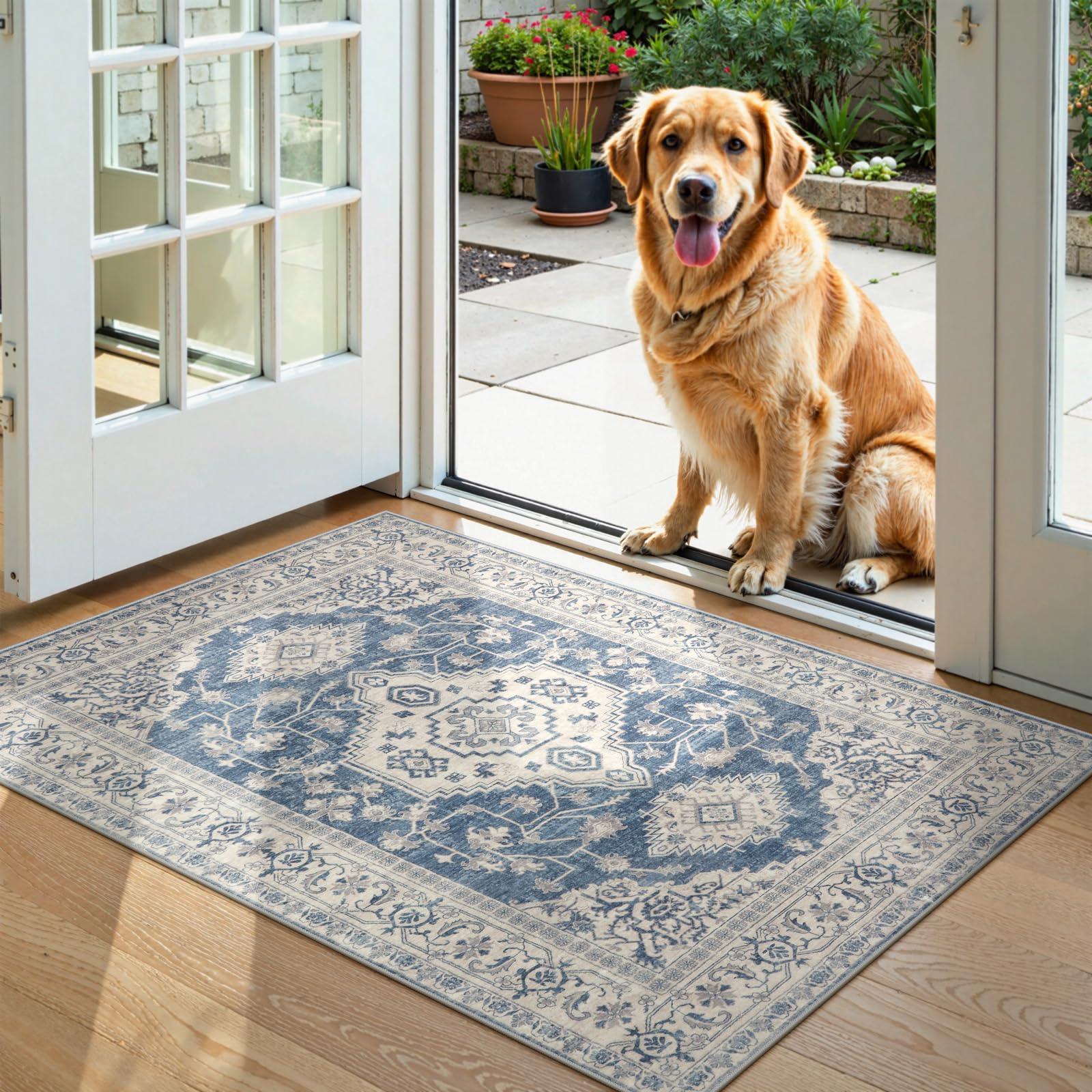 Lahome Oriental Washable Small Area Rug, 2x3 Rugs for Entryway Kitchen, Ultra-Thin Soft Indoor Door Mat Non Slip Throw Carpet for Bedroom Bathroom, Bl