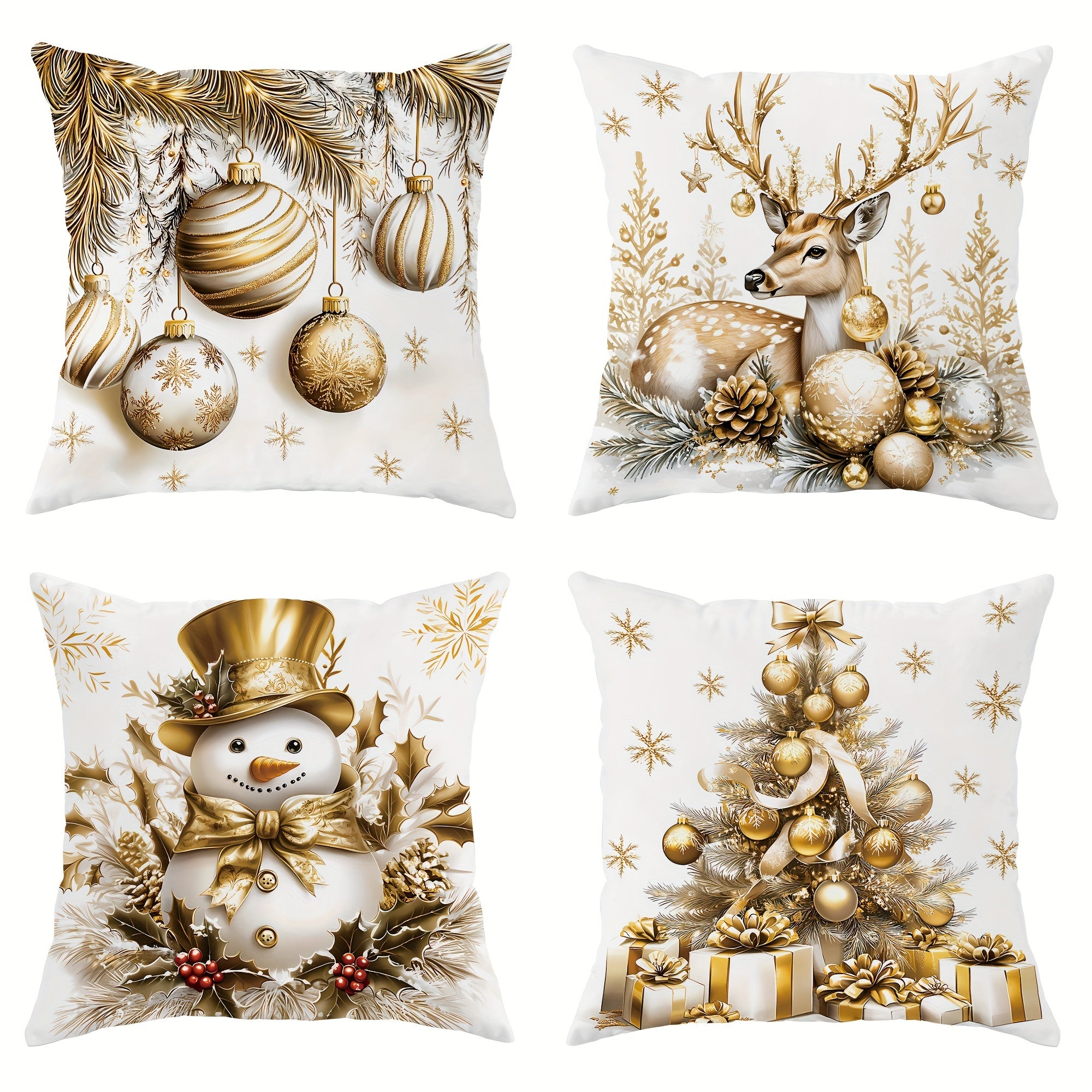 TEMU 4pcs Velvet Christmas Tree Deer Snowman Throw Pillow Covers Farmhouse Cute Golden Cosy Soft Decorative Pillowcases 1 Sided Printing18in*18in For