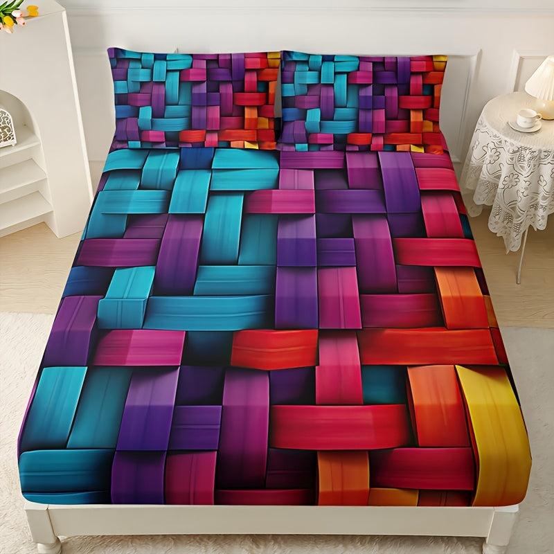 TEMU 3pcs Colorful Geometry Grid Fitted Sheet Set (1 Fitted Sheet + 2 Pillowcase Without Pillow Core), Deep Pocket, 15 Inches, Machine Washable