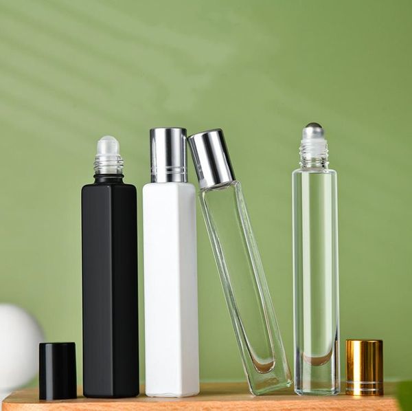 Empty Square Glass Roll On Bottles 10ml Essential Oil Perfume Bottle with Matte Black-White Color Stainless Steel Roller Ball SN6322